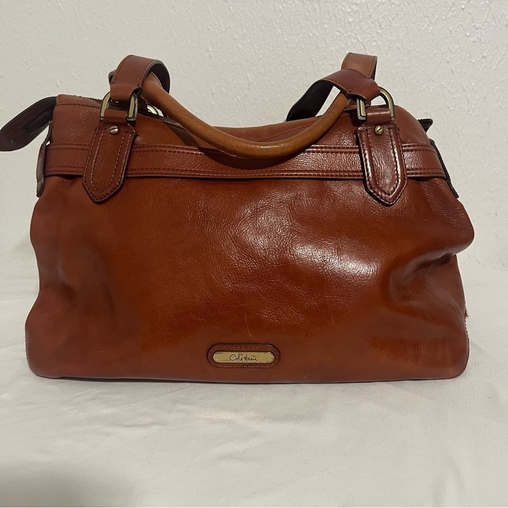 Cole Haan Cognac Leather Saddle Tote Hand Bag EUC Lots Pockets Business Casual